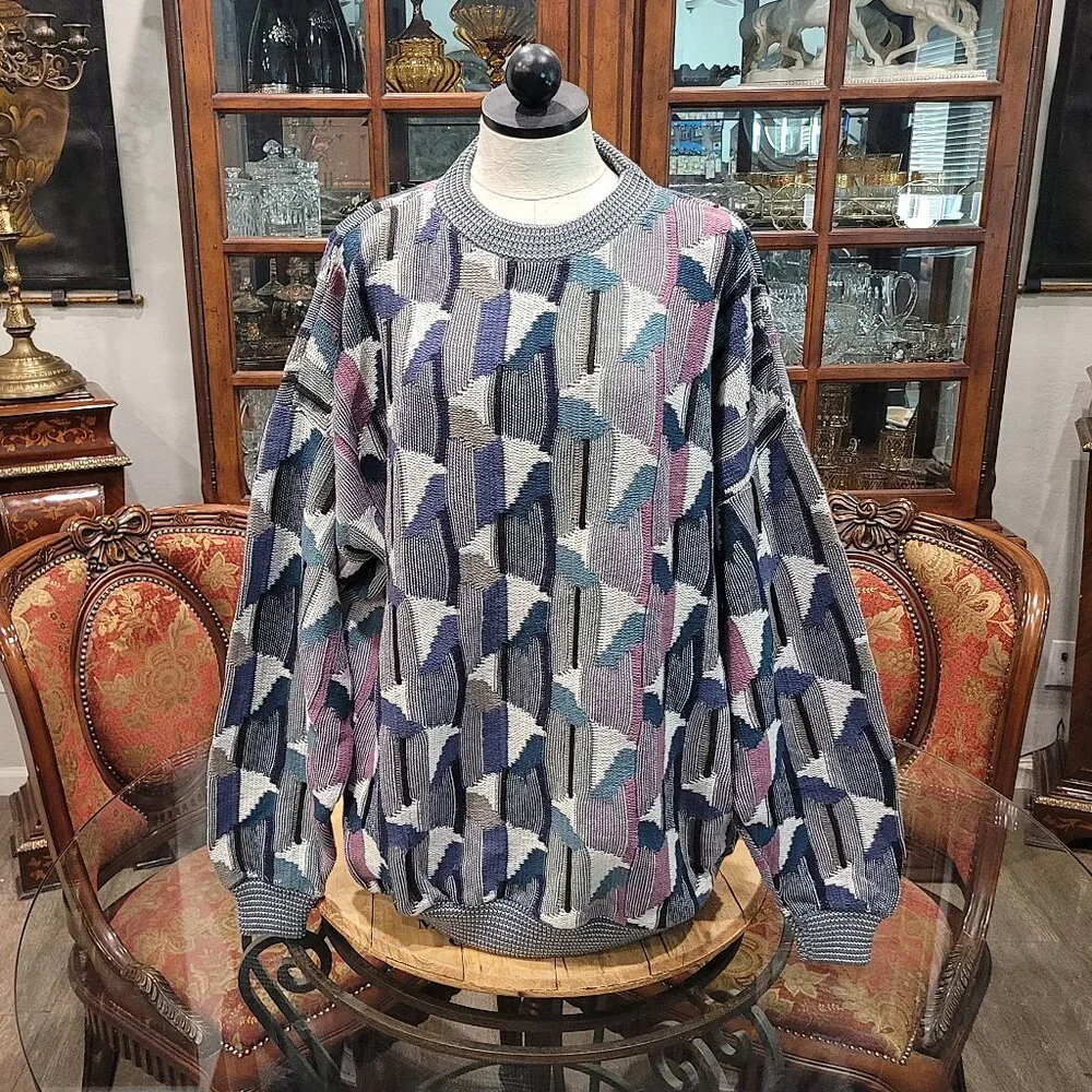 Vintage Megalos Abstract Chunky Knit Sweater Hip Hop 90's Bill Cosby 2XL